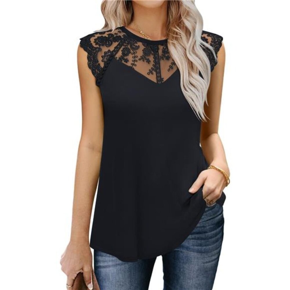 Black Boho Embroidered Cut Out‎ Floral Lace Sleeveless Tank Top Blouse Shirt